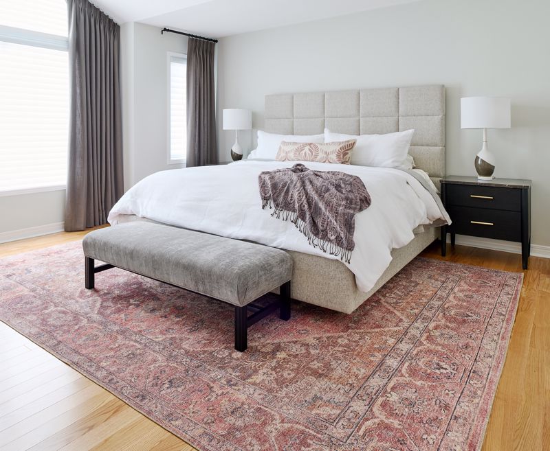 Persian rug, modern bedroom, vintage touches